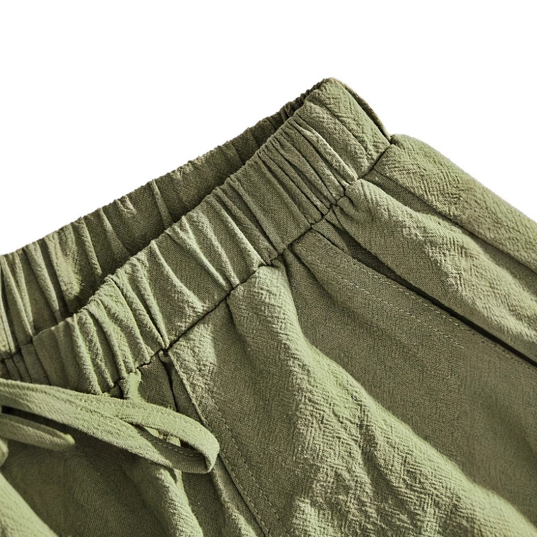 Solid-color summer cotton-linen shorts with pockets