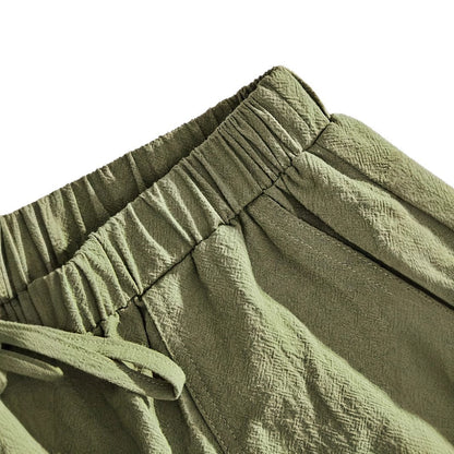 Solid-color summer cotton-linen shorts with pockets