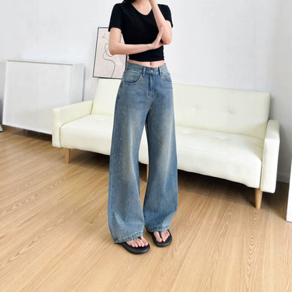 Women's rhinestone-embellished loose-fit straight-leg jeans with sparkling decorative details
