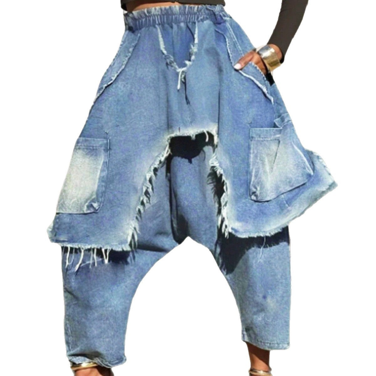 Personalized distressed brushed ripped jeans with a trendy worn-in finish, front view