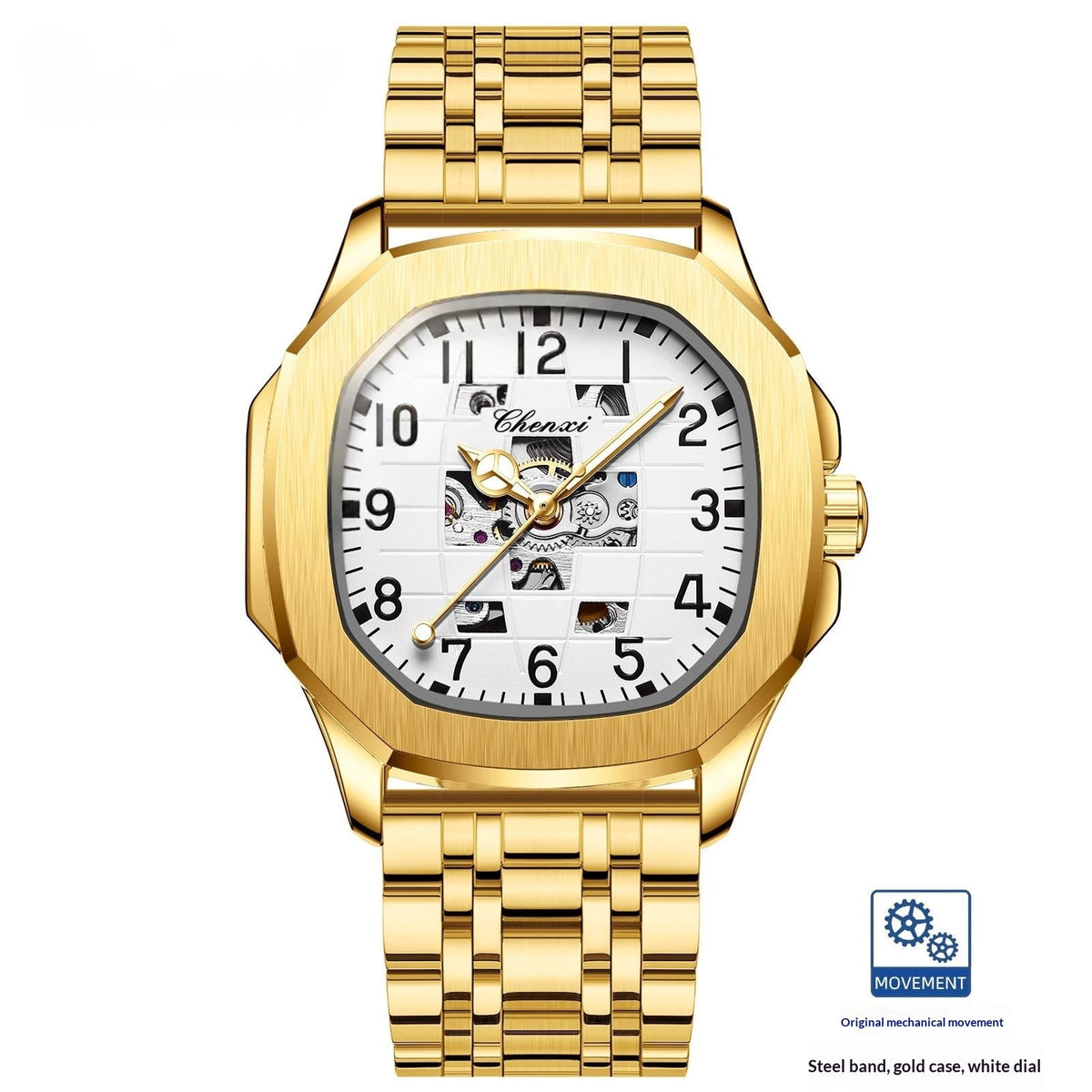 High-end square mechanical men's watch with classic dial design and leather strap
