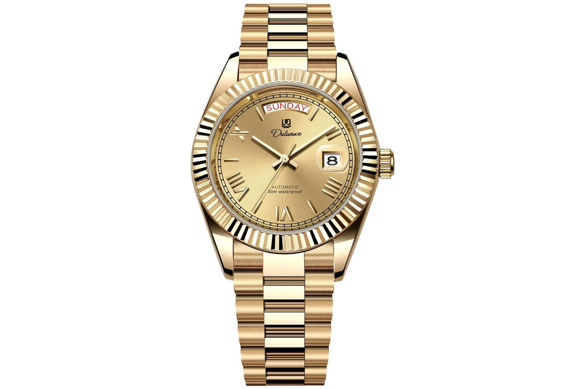 Dual-calendar automatic mechanical men's watch with day and date display, round dial, and stainless steel case