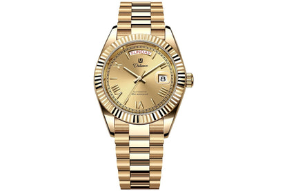 Dual-calendar automatic mechanical men's watch with day and date display, round dial, and stainless steel case