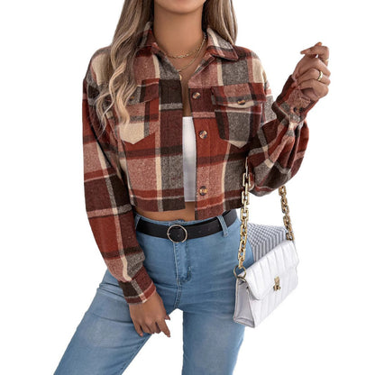 Color-block plaid long-sleeve wool short jacket coat by My Store