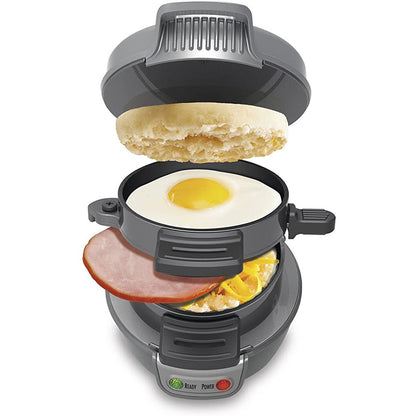 Household breakfast sandwich maker with egg cooker ring and waffle plate for bread sandwiches