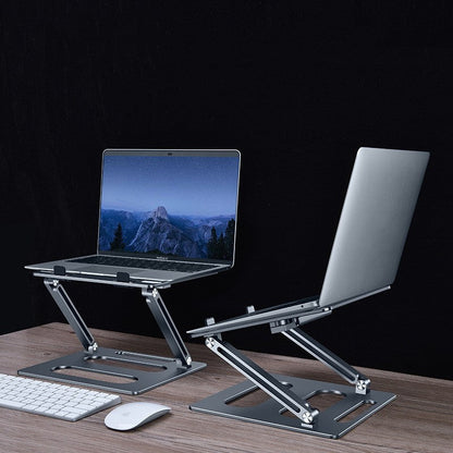 Adjustable metal laptop stand lift table for office use, shown in raised position