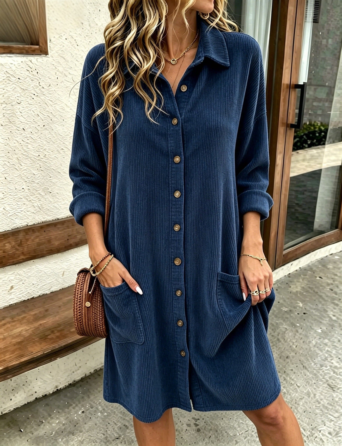 Women's autumn corduroy shirt dress with turn-down collar and single-breasted button design
