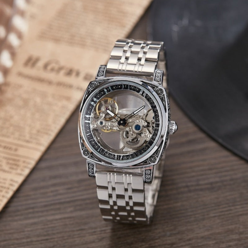 Relief-embossed vintage luminous self-winding mechanical watch with classic dial and detailed case