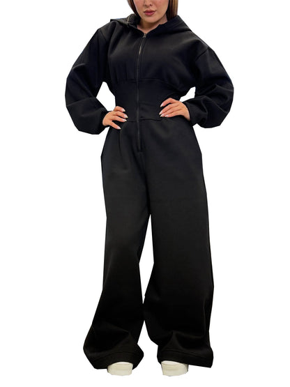 Hooded zip-up stretch-waist jumpsuit in a relaxed fit, front view