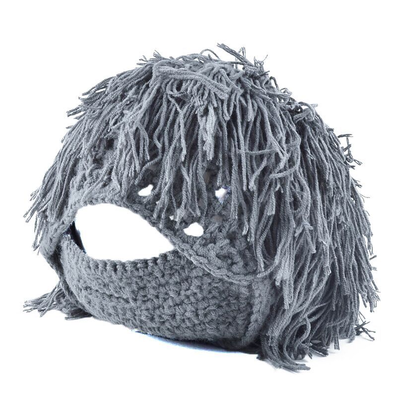 Creative knitted ski hat with attached wig beard, novelty winter headwear design