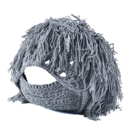 Creative knitted ski hat with attached wig beard, novelty winter headwear design