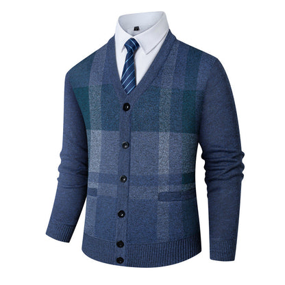 Men's thickened cardigan with fleece lining for warm outerwear, shown in a neutral color