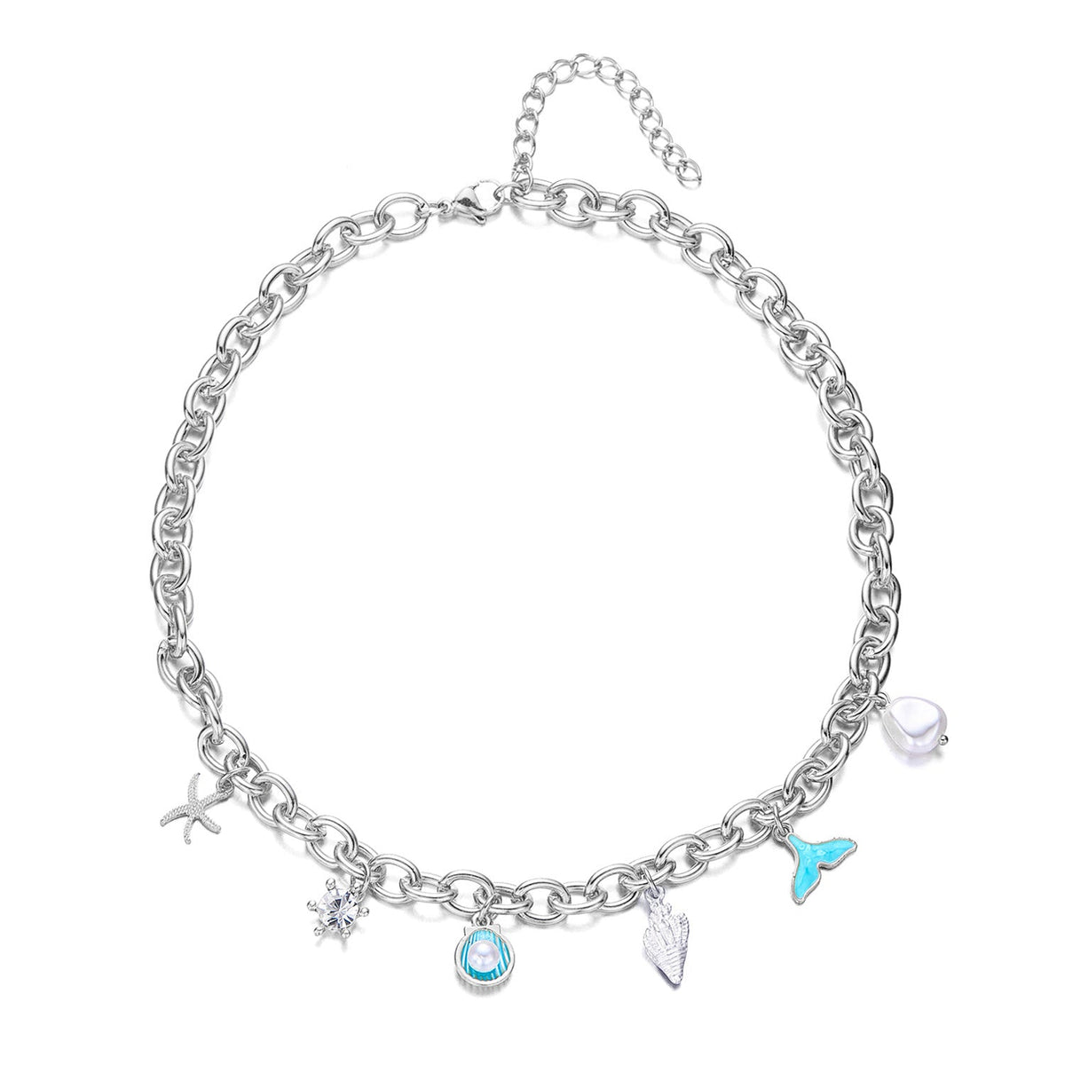 Women's starfish, pearl, shell and fishtail multi-pendant necklace bracelet jewelry set