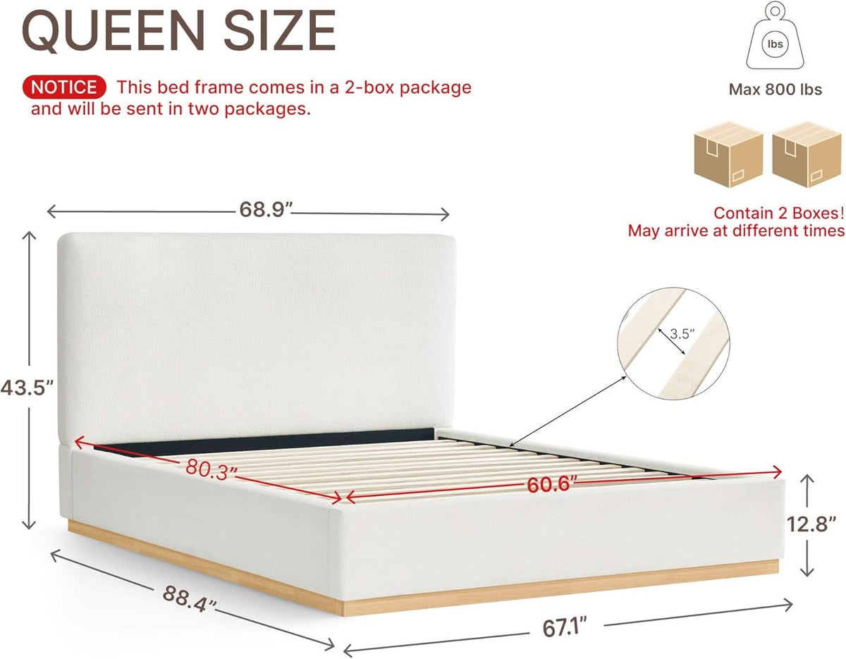Queen size luxurious upholstered platform bed frame from ShipItFurniture, showcasing the plush fabric and sturdy wooden base.
