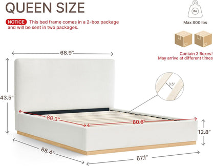 Queen size luxurious upholstered platform bed frame from ShipItFurniture, showcasing the plush fabric and sturdy wooden base.