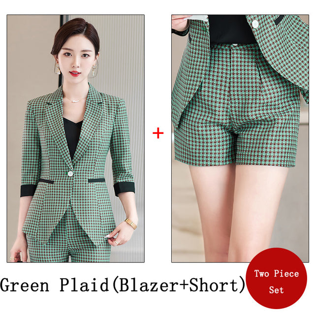 Women's Casual Business Half-Sleeve Plaid Suit