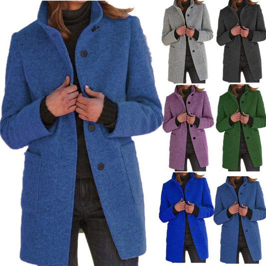 Women's stand collar woolen coat with pockets and button front for fall and winter casual wear