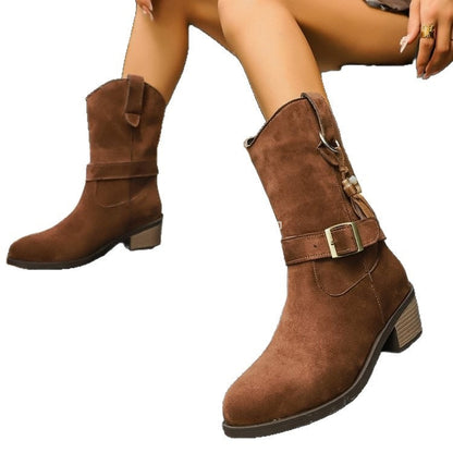 Black elastic suede thick-soled Martin boots with a lace-up design
