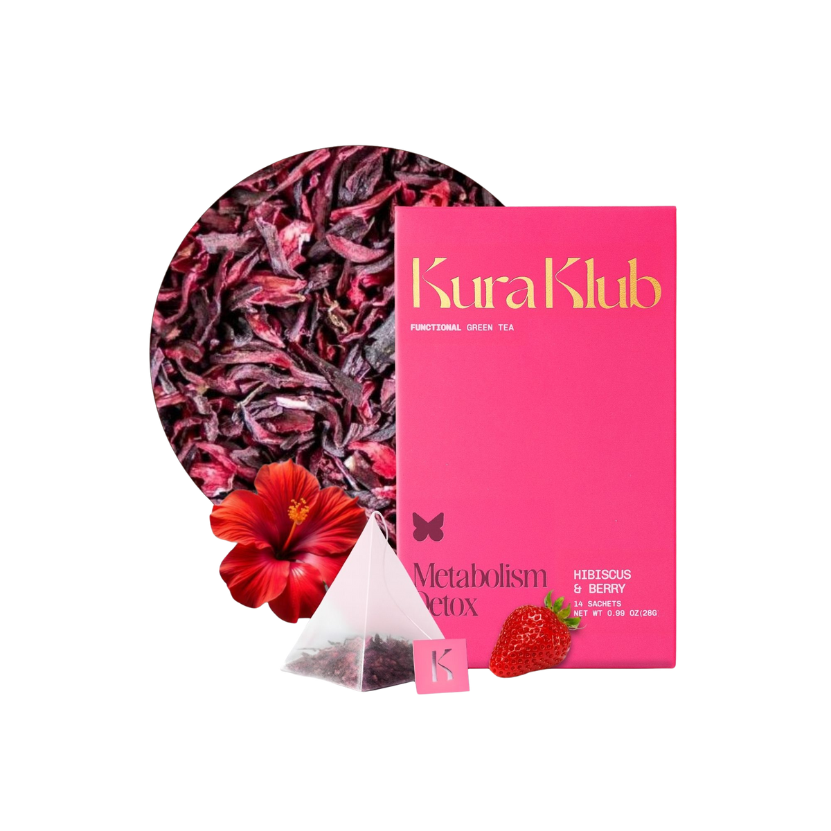 Kura Klub Green Tea with Hibiscus and Berry in a clear glass cup, showcasing vibrant red and green tea infusion.