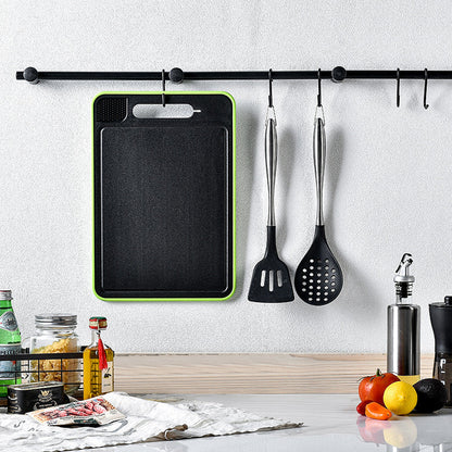 Double-sided cutting board with defrosting surface and built-in knife sharpener for kitchen chopping
