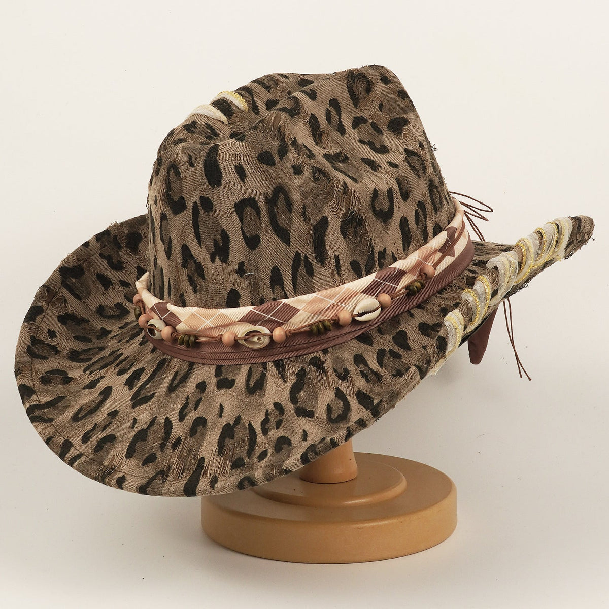 Leopard-print western cowboy hat with wide brim and top hat crown for sun protection