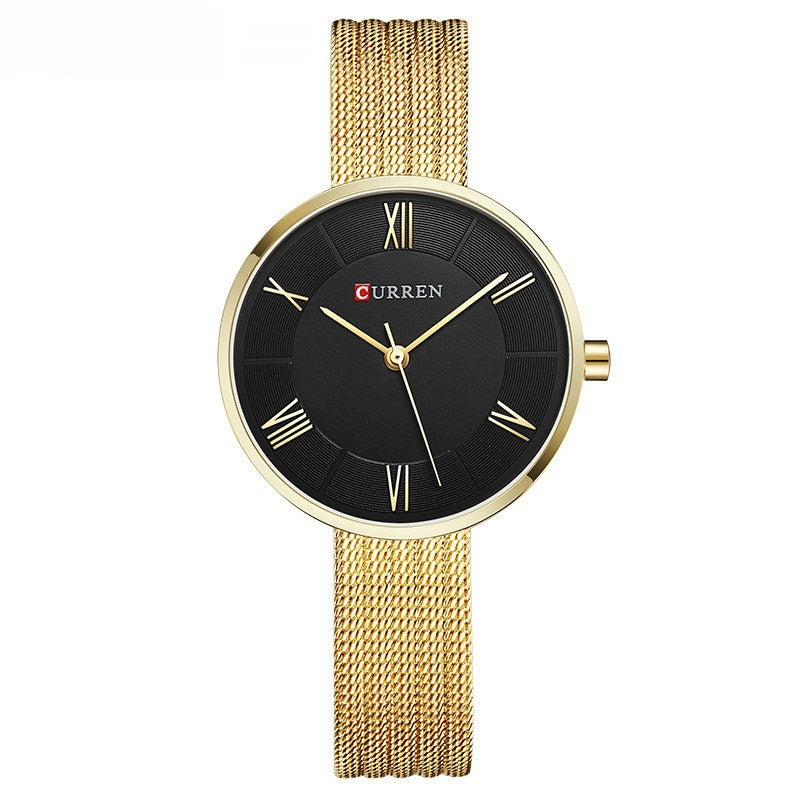 Women's waterproof quartz fashion casual watch with a sleek round dial and adjustable wristband