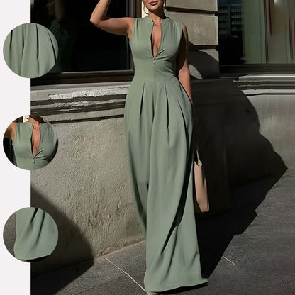 Women's solid color loose wide-leg casual jumpsuit pants in European and American style