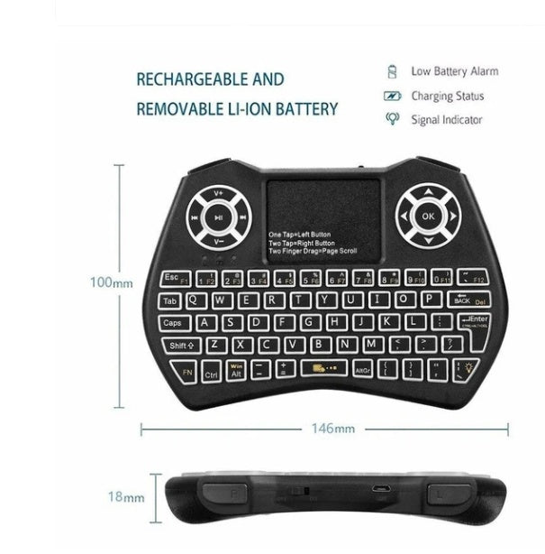 Mini wireless keyboard flying mouse combo with multi-language keyboard layout, compact black design