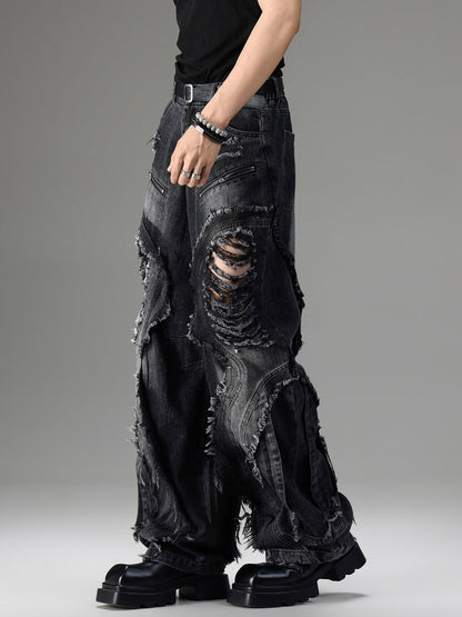 American-style vintage deconstructed distressed jeans with rugged faded denim detailing