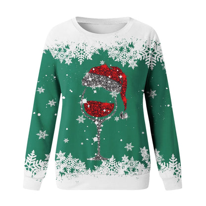 Women's Christmas round neck sweater with colorful 3D digital print, casual long-sleeve design