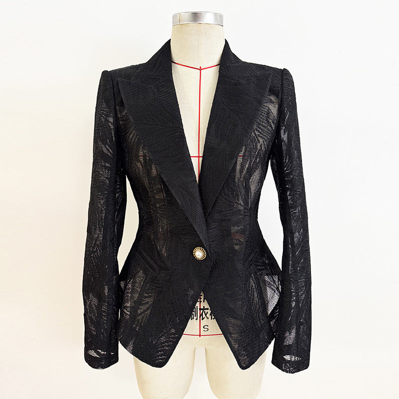 Sheer leaf jacquard cropped blazer jacket with single-button closure