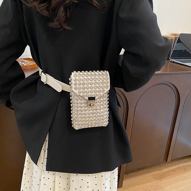 Single-shoulder bag with Instagram-style rhinestone design, shown in detail