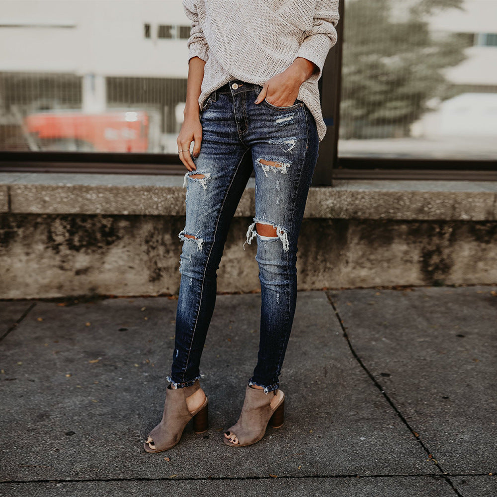 Ladies' chic denim trousers by BACKUPMYFILESNOW® featuring a stylish fit and classic blue denim fabric.