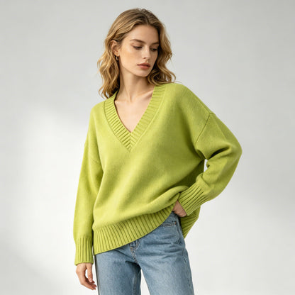 Women's loose-fit V-neck casual all-match knit sweater in a relaxed silhouette