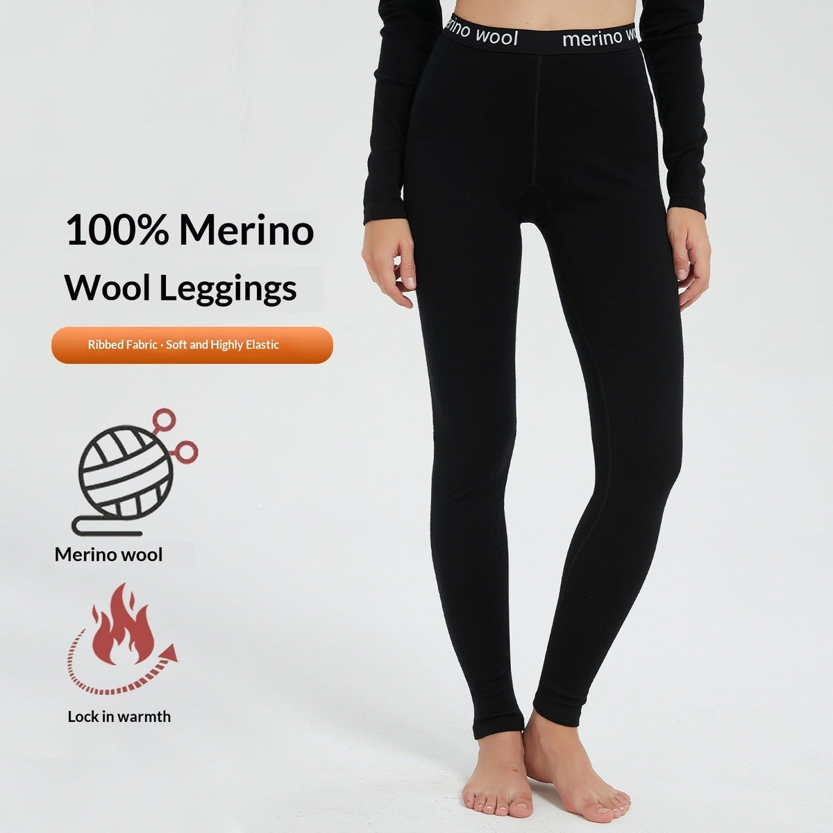 Women's merino wool base-layer pants, outdoor quick-dry tights in black; flat-lay product view