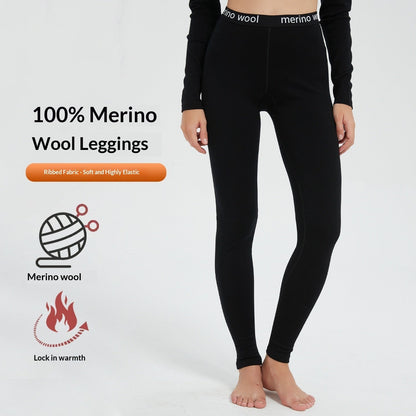Women's merino wool base-layer pants, outdoor quick-dry tights in black; flat-lay product view