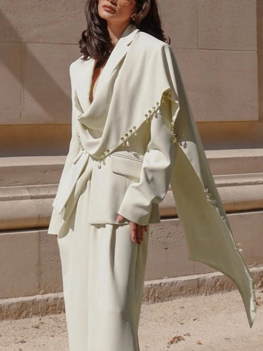 Asymmetrical tailored blazer with waterfall drape and pearl crystal bead trim
