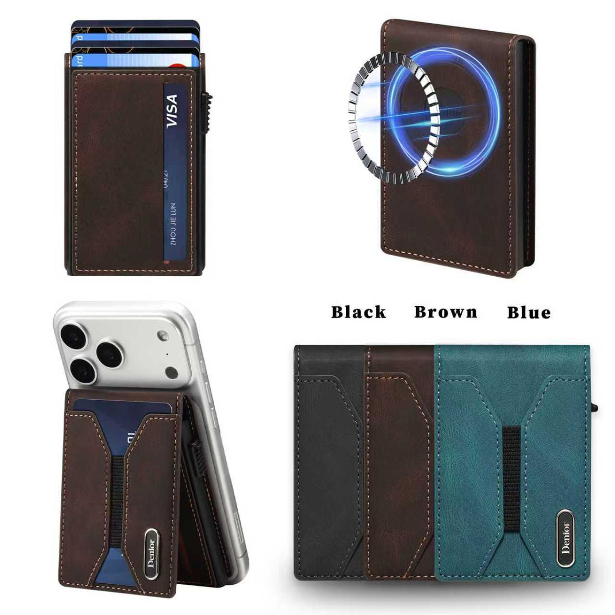 Smooth leather button-operated automatic pop-up card case wallet with elastic band, My Store brand