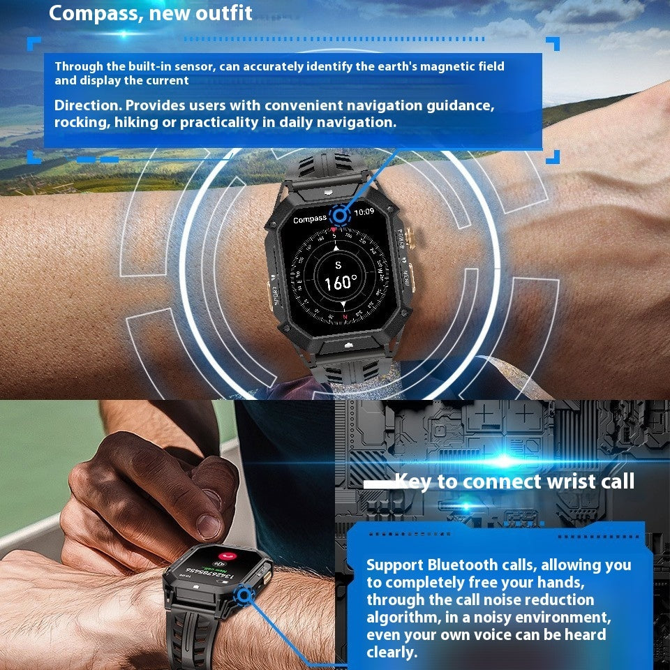 Smart watch with Bluetooth calling, voice assistant, gas and compass features for sports use