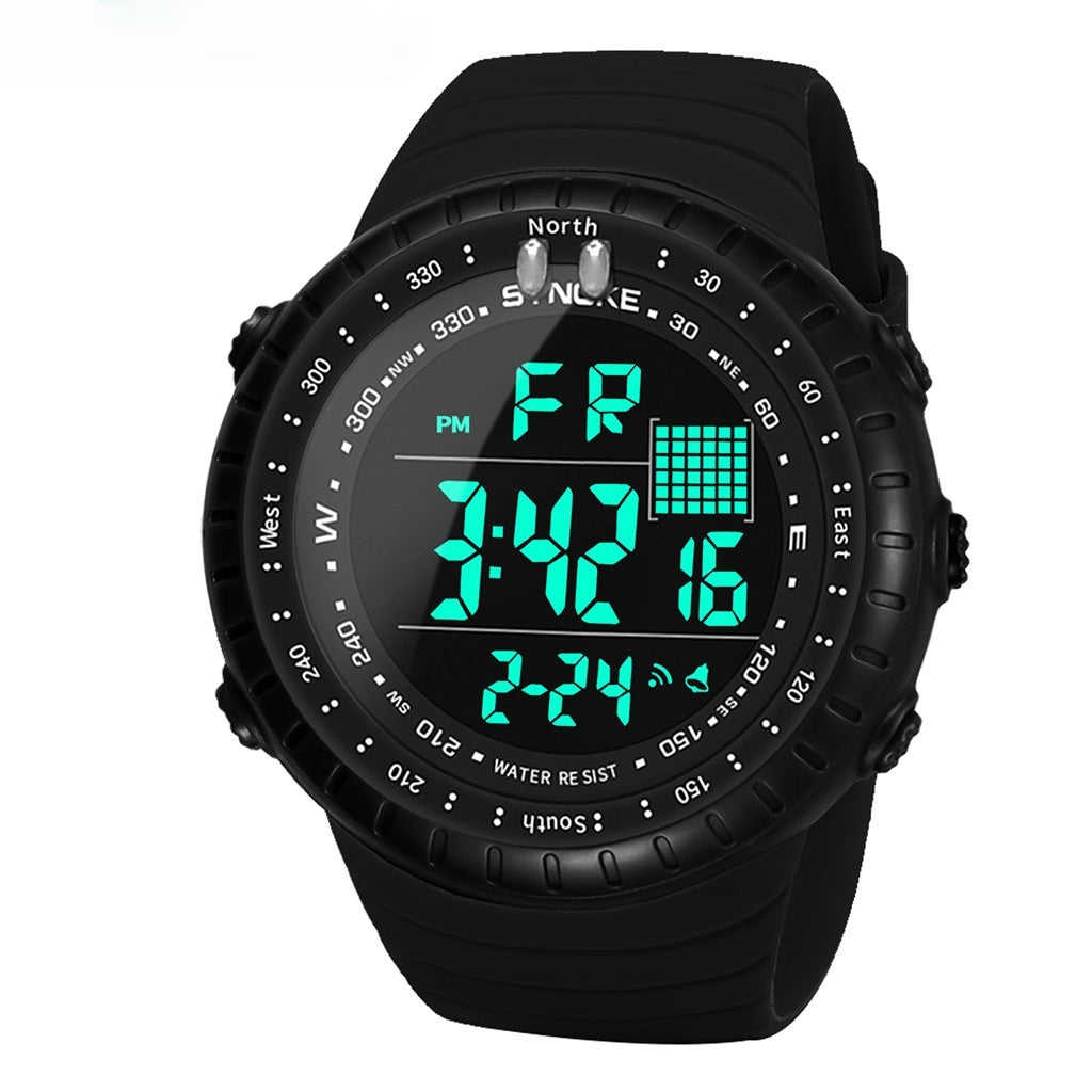 Waterproof multifunctional outdoor electronic watch for men with digital display and durable black design