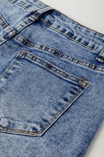 Pair of Threaded Pear Aria straight high waist jeans with classic denim look and clean stitching, shown hanging on a white background.
