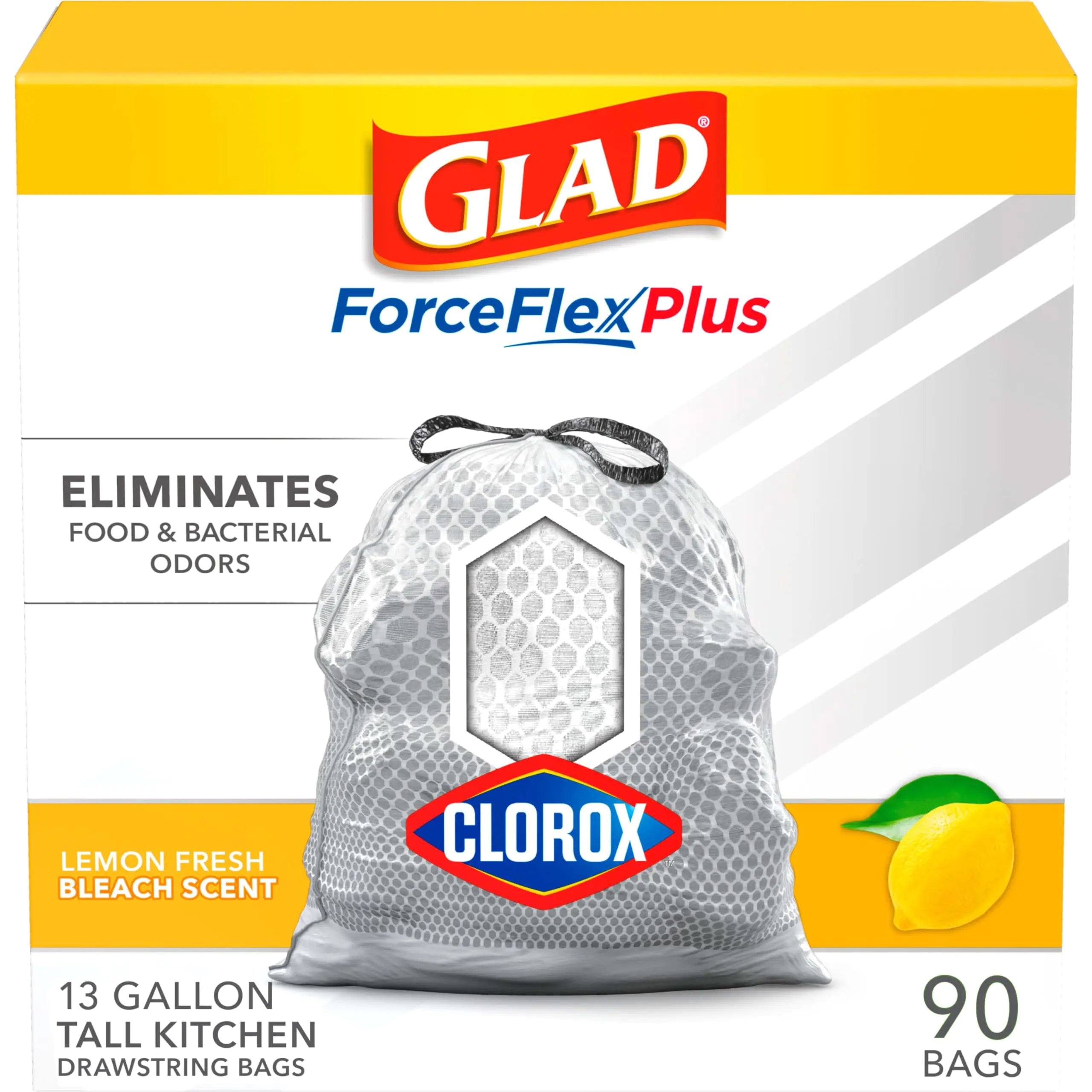 Glad Tall Kitchen Trash Bags ForceFlex Plus With Clorox 13 Gallon Lemon Fresh Bleach Scent 90 Count