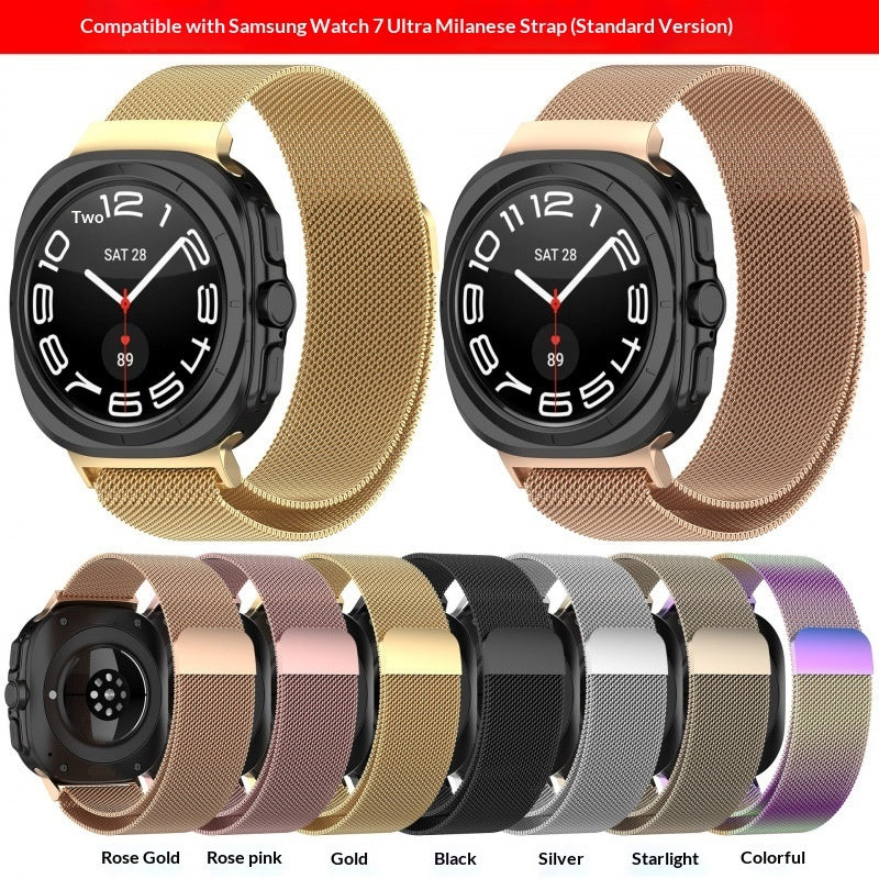 Alloy Milanese watch strap compatible with various watch models, shown in a sleek metal mesh design