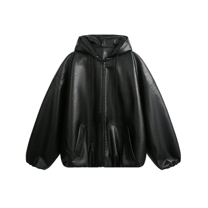 Men's American-style retro simple hooded leather coat jacket in classic design