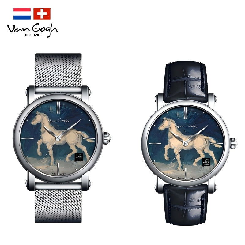 Van Gogh quartz wrist watch with horse plaster statue detail, white dial and black leather strap