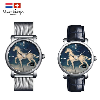 Van Gogh quartz wrist watch with horse plaster statue detail, white dial and black leather strap