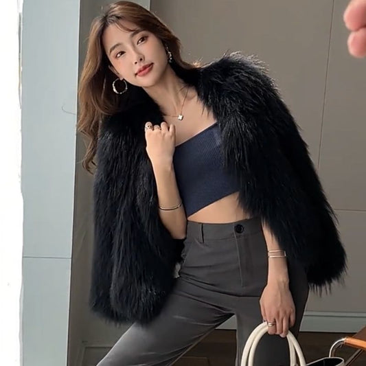 Women's short fashion fox fur coat in neutral tone
