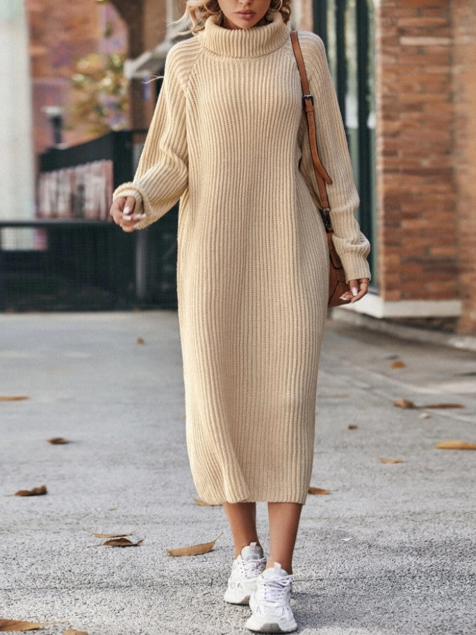 Women's solid winter turtleneck knitted sweater dress, loose pullover long dress in soft knit fabric