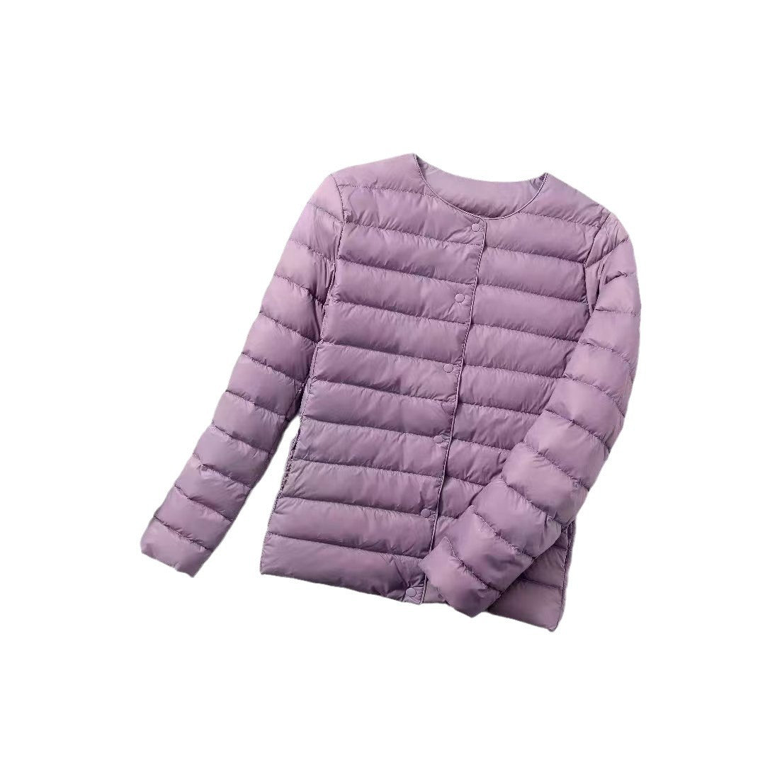 Women's lightweight white duck down jacket displayed front-facing