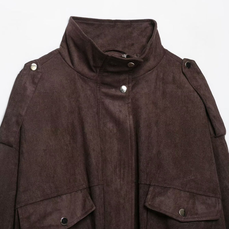 Women's retro suede jacket coat in classic brown with long sleeves and front pockets